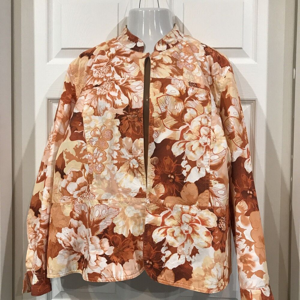 Coldwater Creek Plus Size Denim Look Floral Jacket Textured Fall Colors 2X